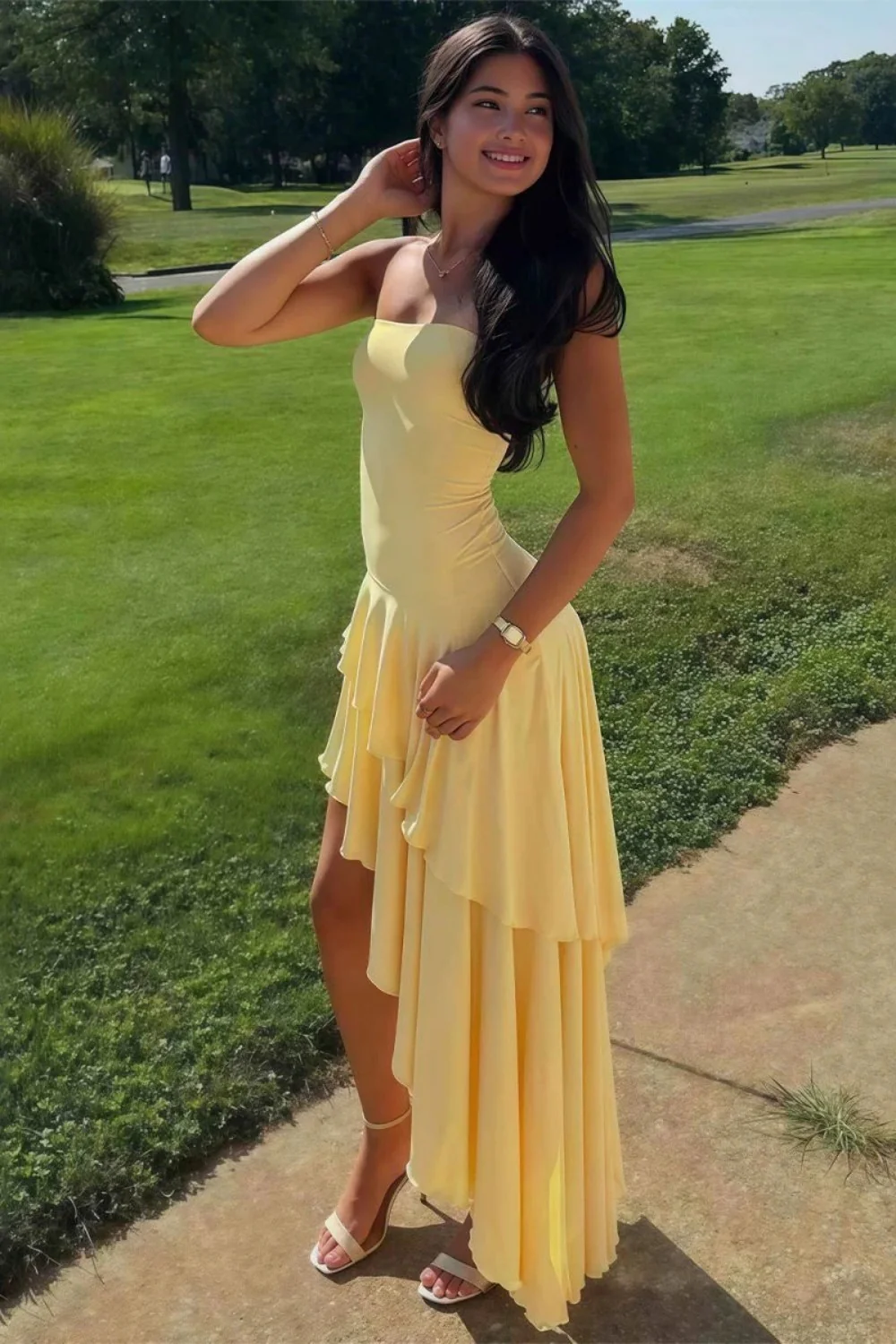 Charming Asymmetrical Strapless Blue Long Prom Dress with Ruffles - Image 4