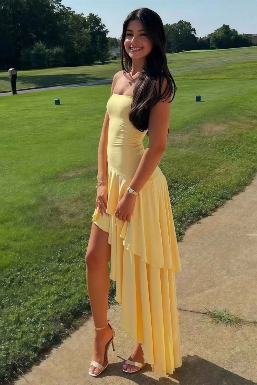 Charming Asymmetrical Strapless Blue Long Prom Dress with Ruffles - Image 5