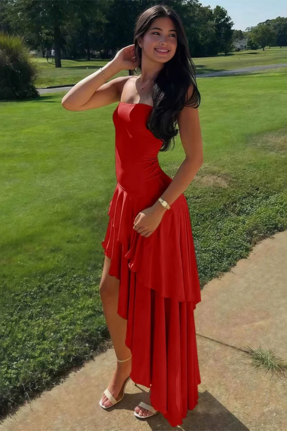 Charming Asymmetrical Strapless Blue Long Prom Dress with Ruffles - Image 6