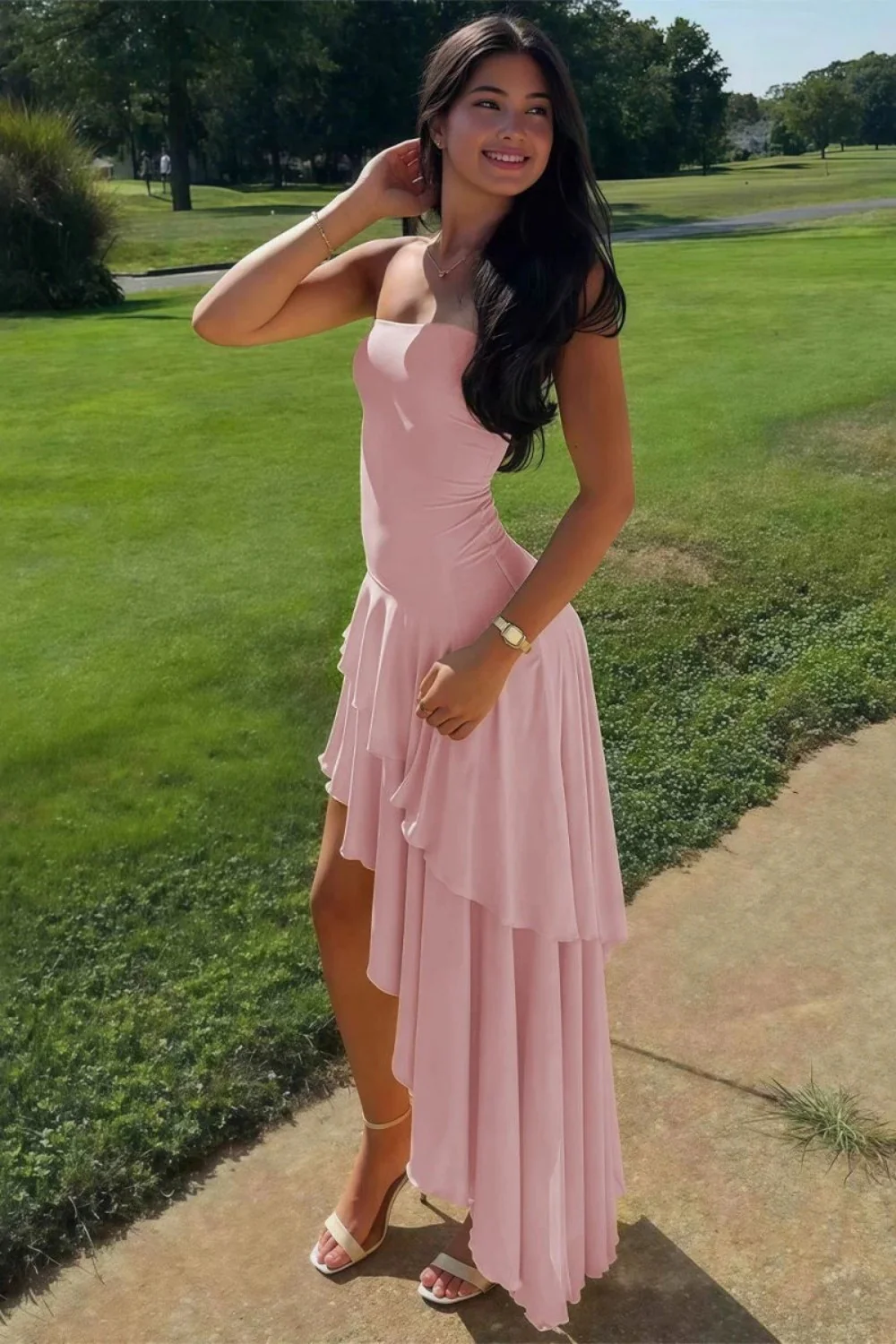 Charming Asymmetrical Strapless Blue Long Prom Dress with Ruffles - Image 8