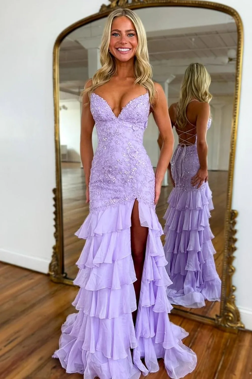 Charming Lilac Mermaid Spaghetti Straps Lace Up Long Prom Dress with Ruffle Skirt - Image 3