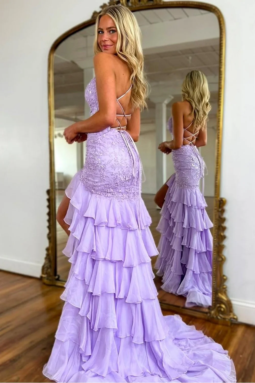 Charming Lilac Mermaid Spaghetti Straps Lace Up Long Prom Dress with Ruffle Skirt - Image 4
