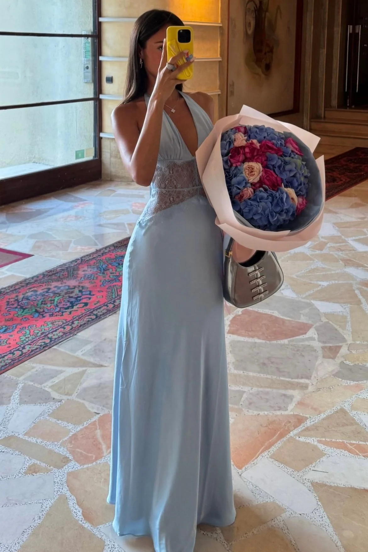 Charming Mermaid Deep V Neck Light Blue Long Prom Dress with Lace - Image 2