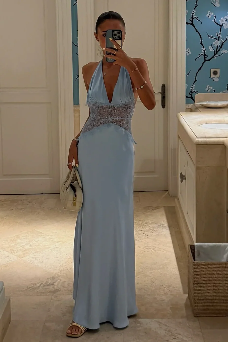 Charming Mermaid Deep V Neck Light Blue Long Prom Dress with Lace - Image 4