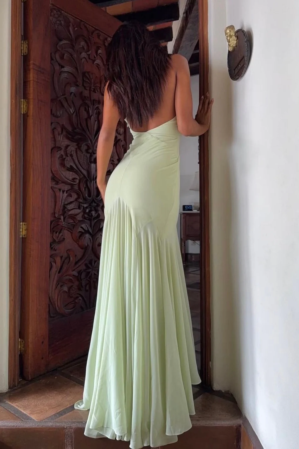 Charming Mermaid Halter Neck Light Green Long Prom Dress with Ruffles - Image 2
