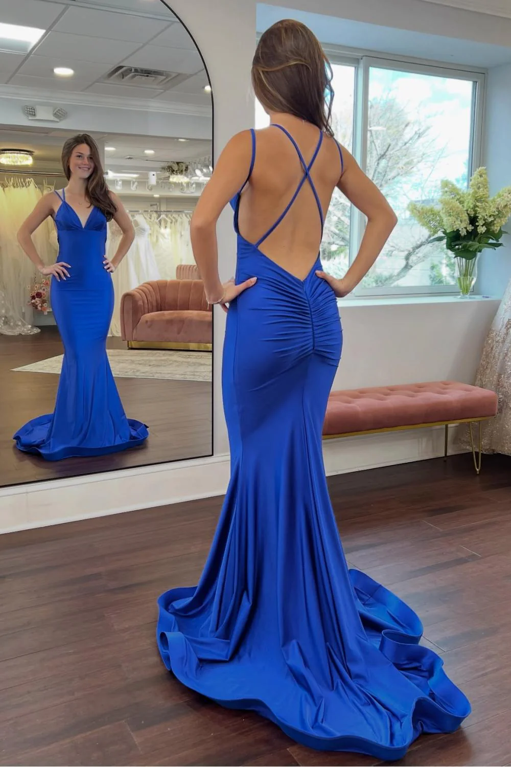 Charming Mermaid Spaghetti Straps Royal Blue Long Prom Dress with Backless - Image 4