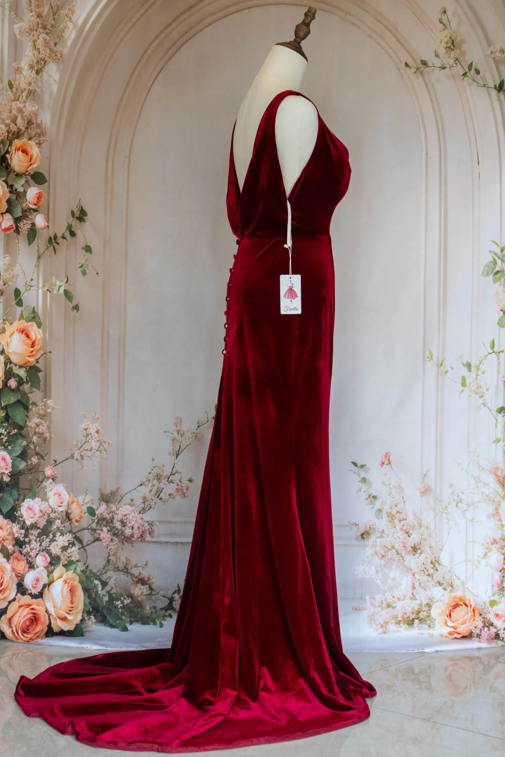 Charming Mermaid V Neck Burgundy Velvet Long Party Dress with Open Back - Image 5