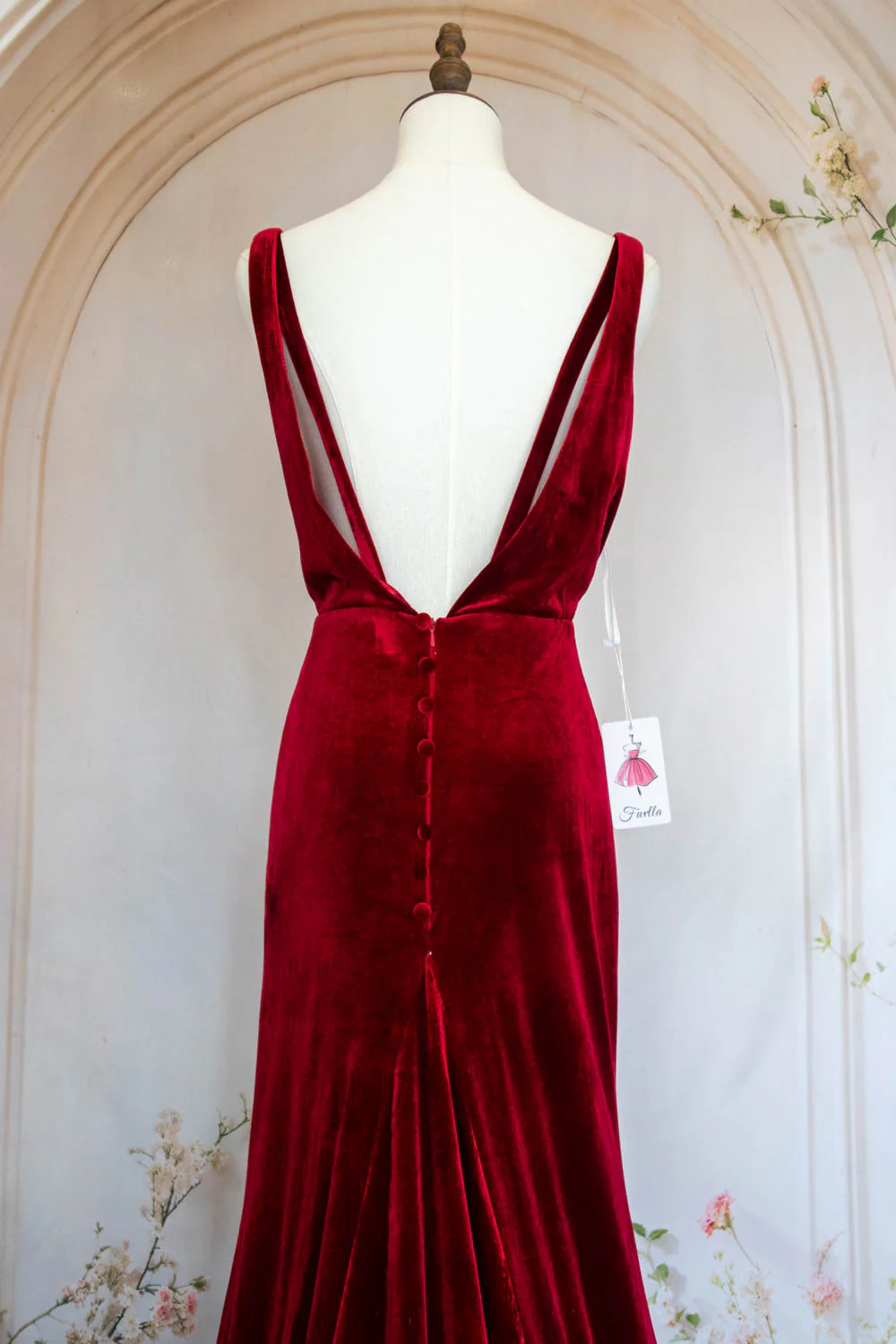 Charming Mermaid V Neck Burgundy Velvet Long Party Dress with Open Back - Image 7
