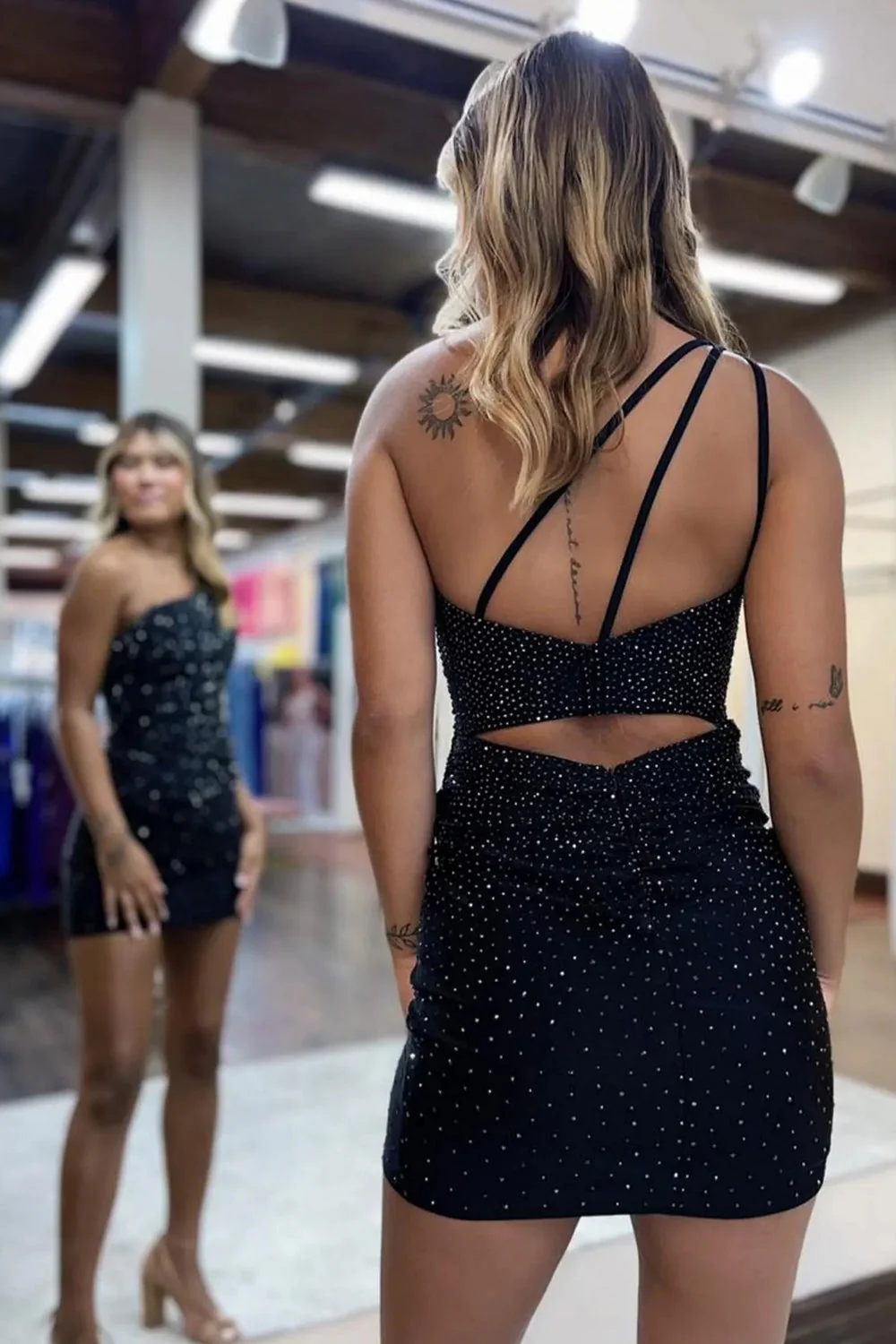 Charming One Shoulder Glitter Bodycon with Beaded Accents Homecoming Party Dress - Image 6