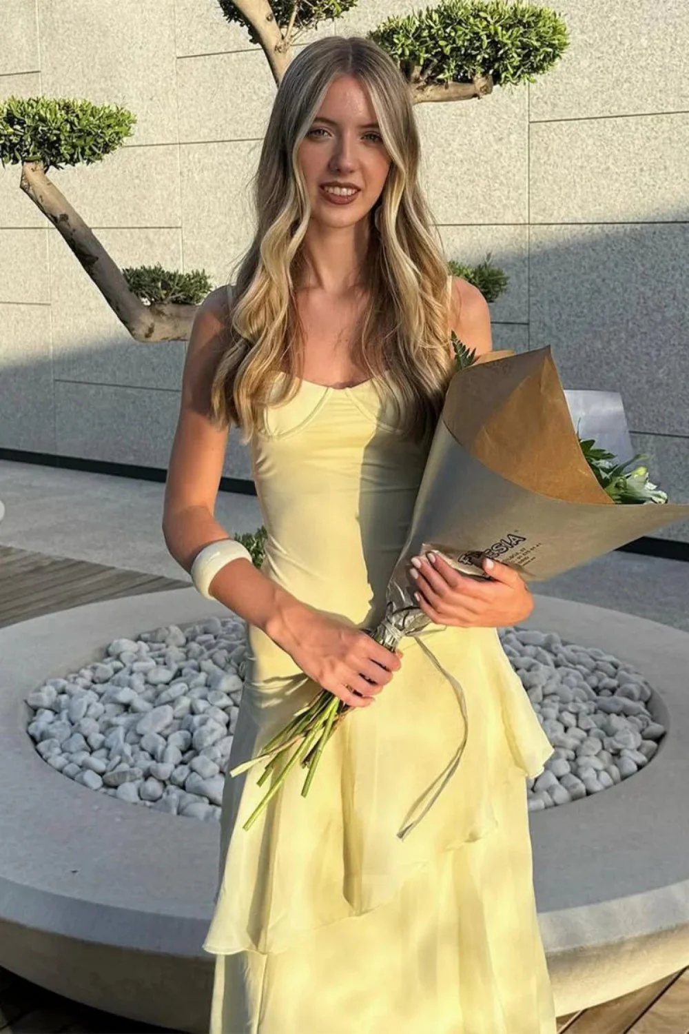 Charming  Spaghetti Straps Yellow Long Prom Dress with Ruffles - Image 3