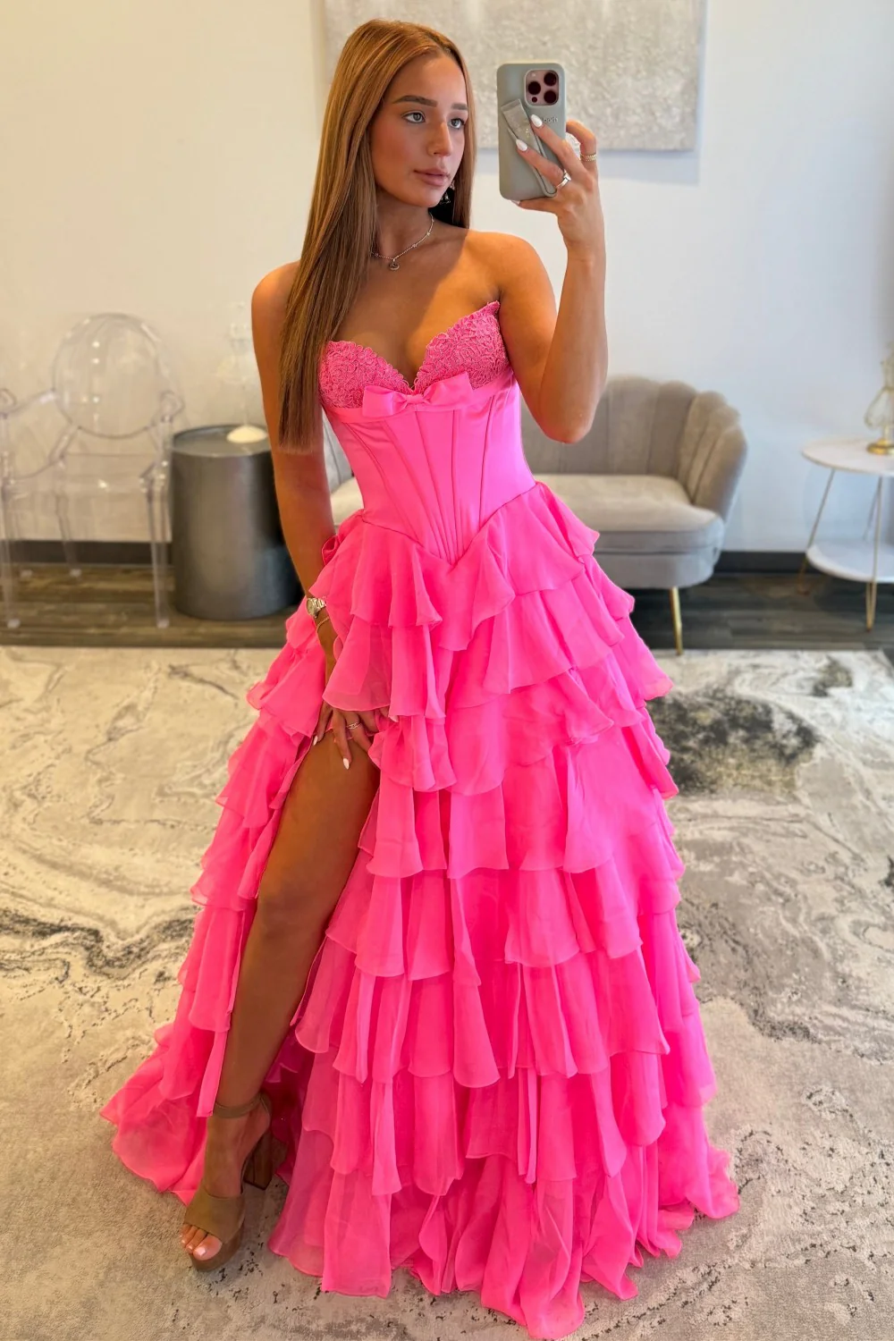 Chic Hot Pink Sweetheart A-Line Prom Gown With Tiered Ruffles and Corset Bodice - Image 4