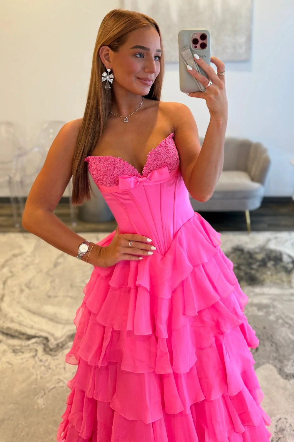 Chic Hot Pink Sweetheart A-Line Prom Gown With Tiered Ruffles and Corset Bodice - Image 5
