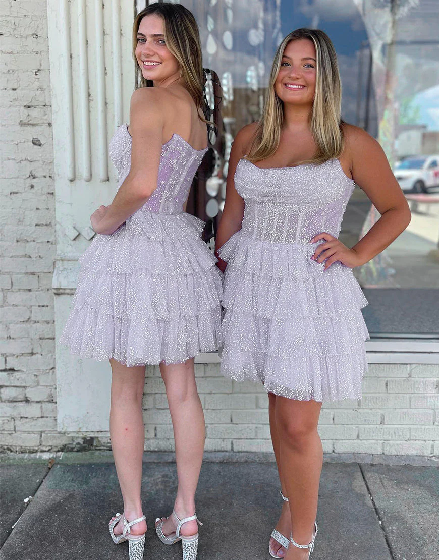 Chic Layered Glitter Black Mini with Strapless Silhouette Homecoming Party Dress - Image 6