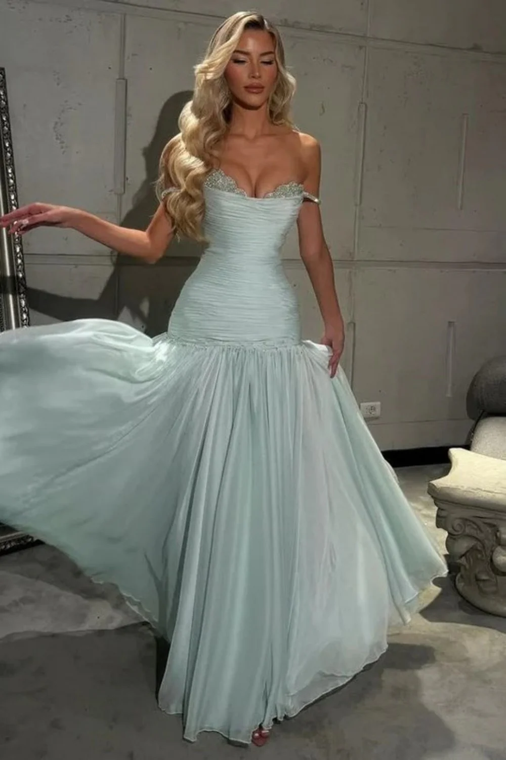 Chic Light Blue Off The Shoulder Evening Dress with Ruched Fit Bodice - Image 4