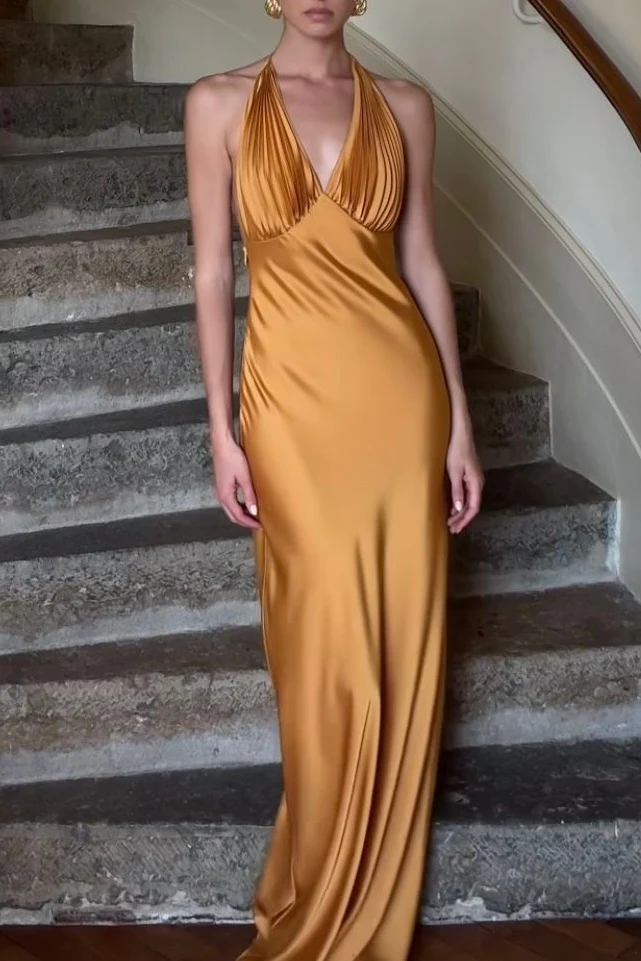 Chic Mermaid Deep V Neck Orange Long Prom Dress with Ruched - Image 4
