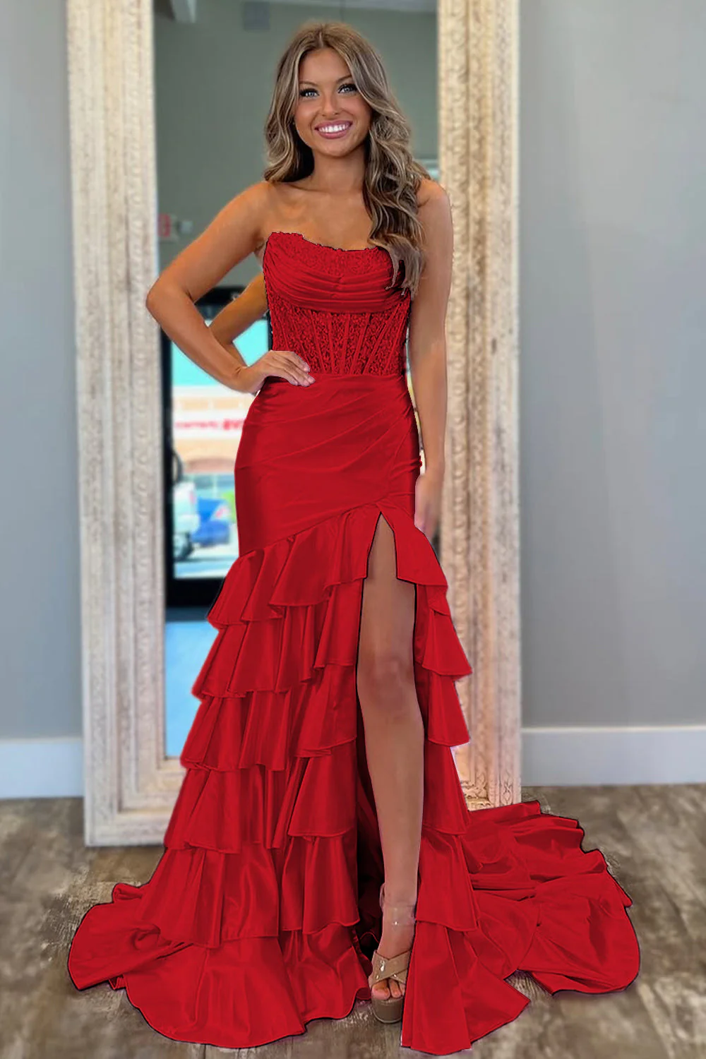 Chic Mermaid Prom Dress in Light Blue with Strapless Satin Bodice and Ruffled Skirt - Image 11