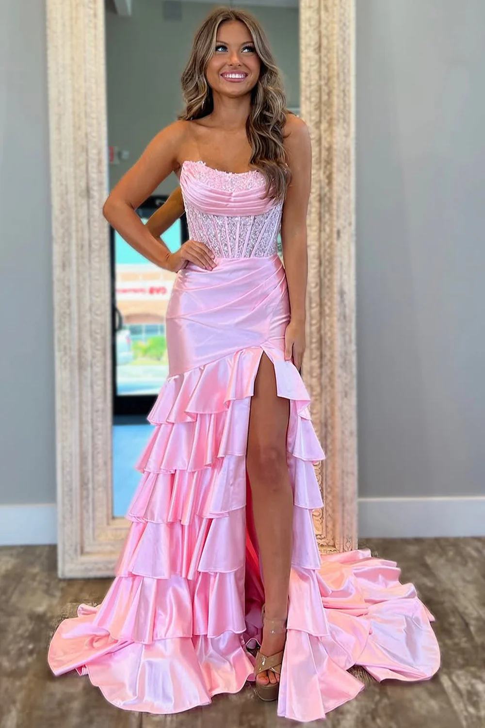 Chic Mermaid Prom Dress in Light Blue with Strapless Satin Bodice and Ruffled Skirt - Image 3