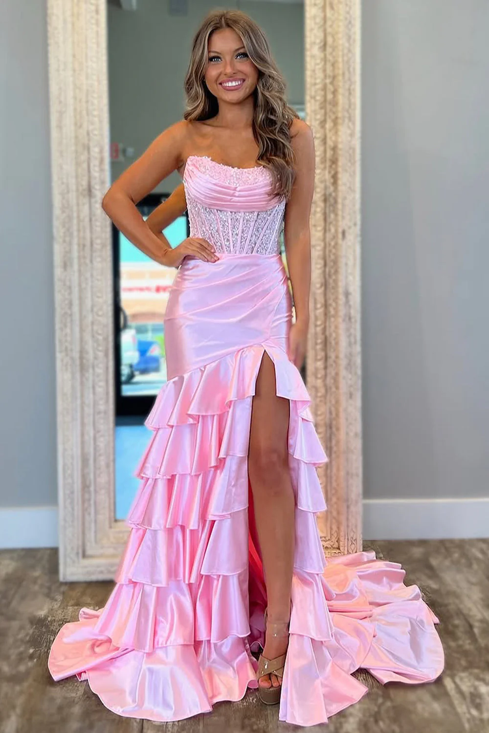 Chic Mermaid Prom Dress in Light Blue with Strapless Satin Bodice and Ruffled Skirt - Image 4