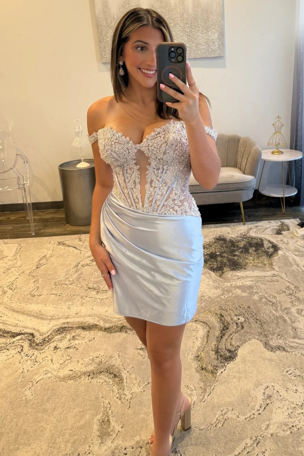 Chic Off-the-Shoulder Lace Applique Homecoming Dress with Ruched Satin Skirt - Image 10
