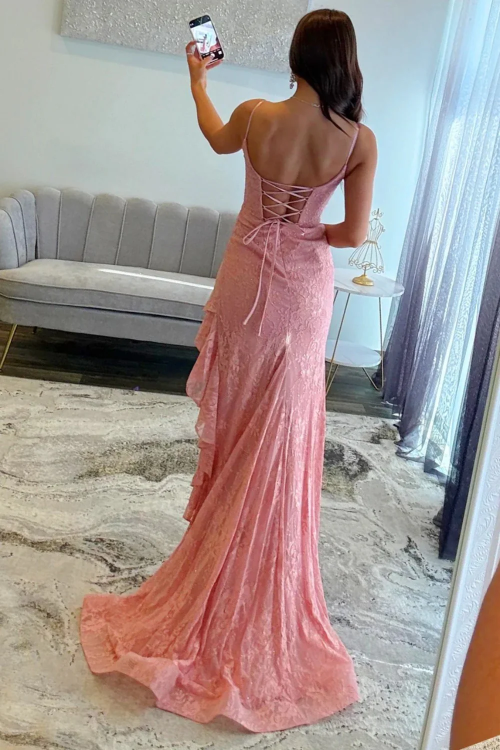 Chic Pink Lace Spaghetti Straps Prom Dress with Asymmetric Ruffle Skirt - Image 2