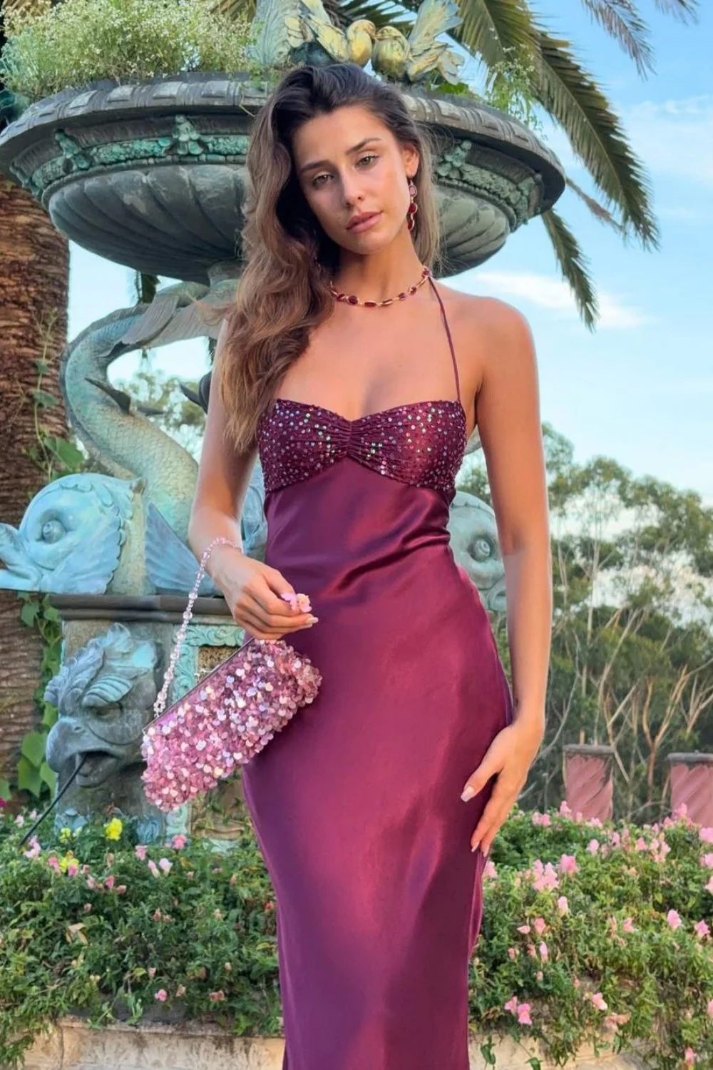 Chic Satin Halter Neck Lace Up Long Prom Party Dress with Sequin - Image 2