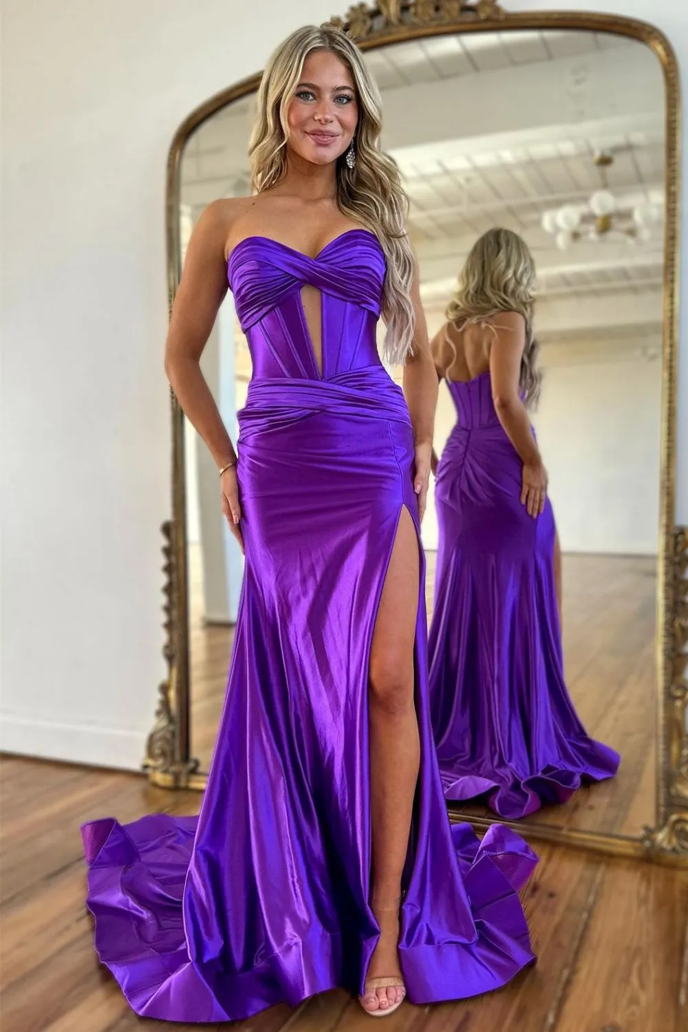 Chic Sweetheart Long Mermaid Satin Corset Prom Dress with High Slit - Image 18