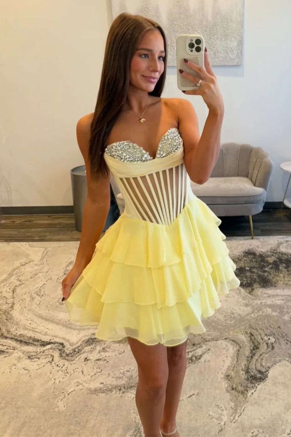 Chic Yellow Corset Bodice Ruffled Tulle Homecoming Dress with Sparkling Details - Image 2