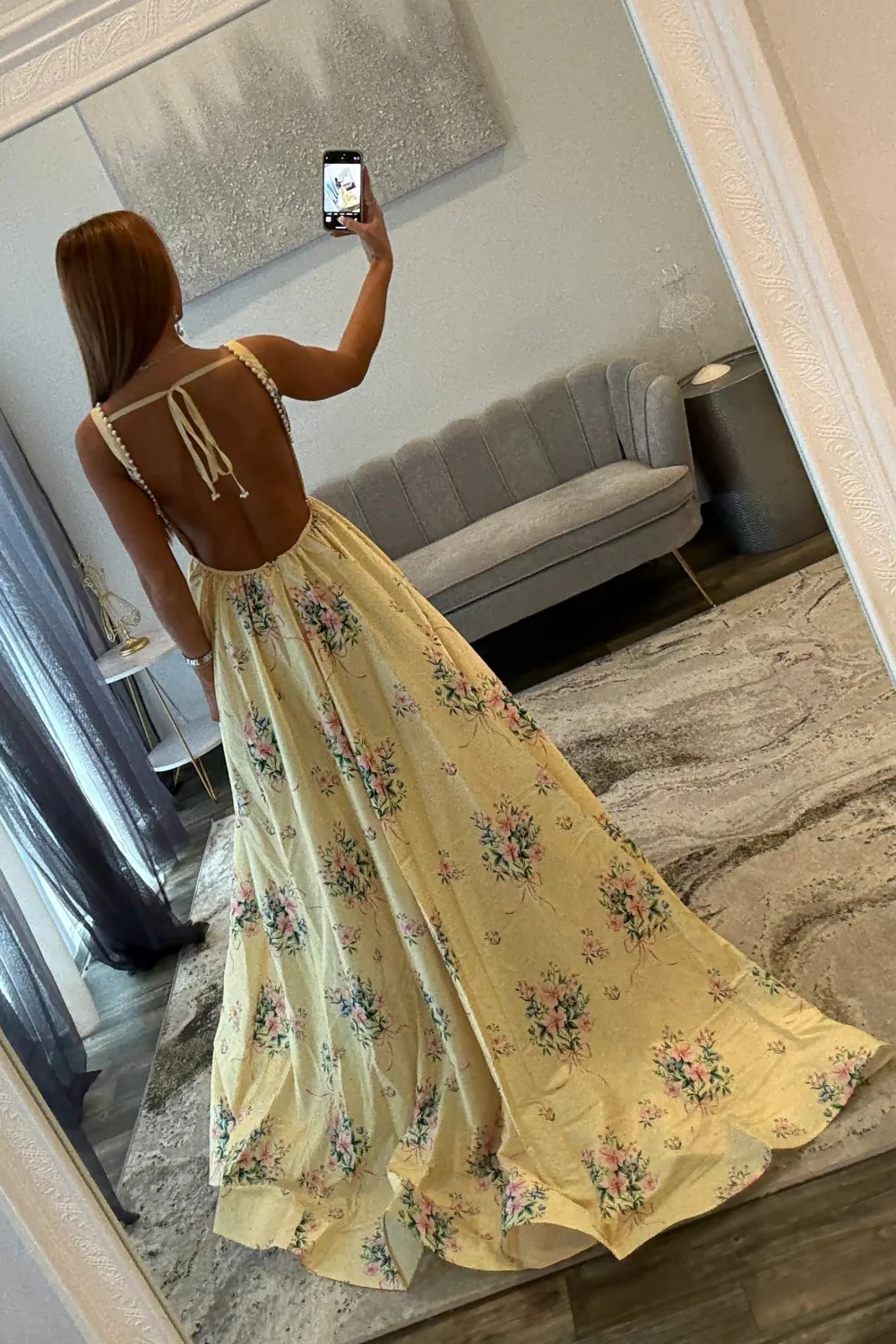 Chic Yellow Floral Square Pearls Trim Neck Prom Dress With Open Back - Image 3