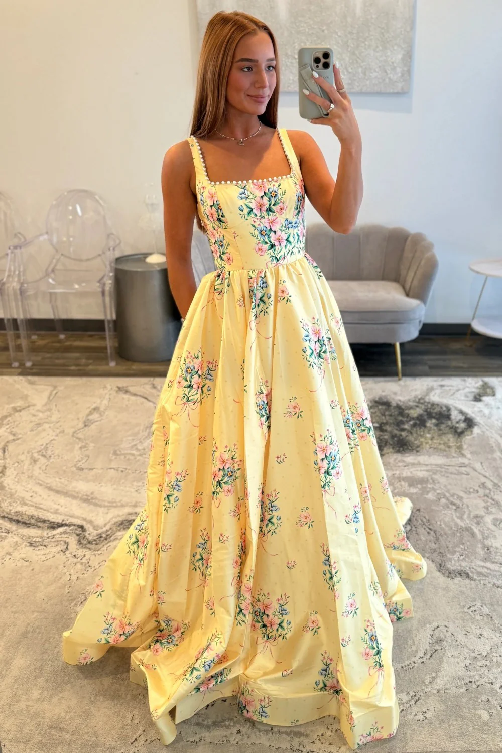 Chic Yellow Floral Square Pearls Trim Neck Prom Dress With Open Back - Image 4
