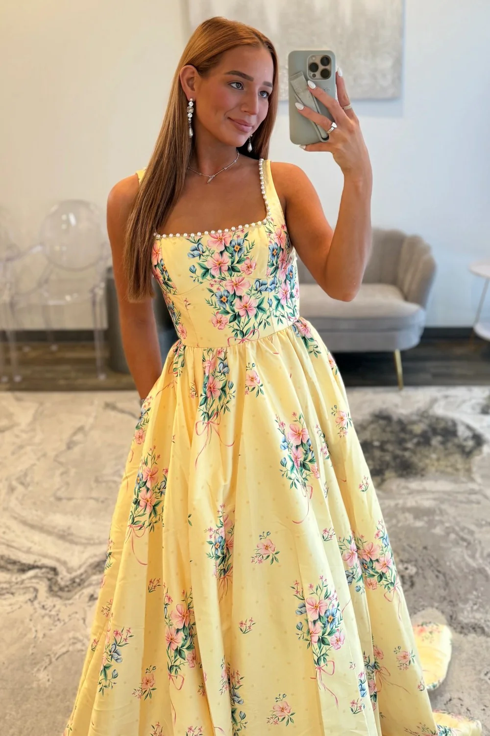 Chic Yellow Floral Square Pearls Trim Neck Prom Dress With Open Back - Image 5