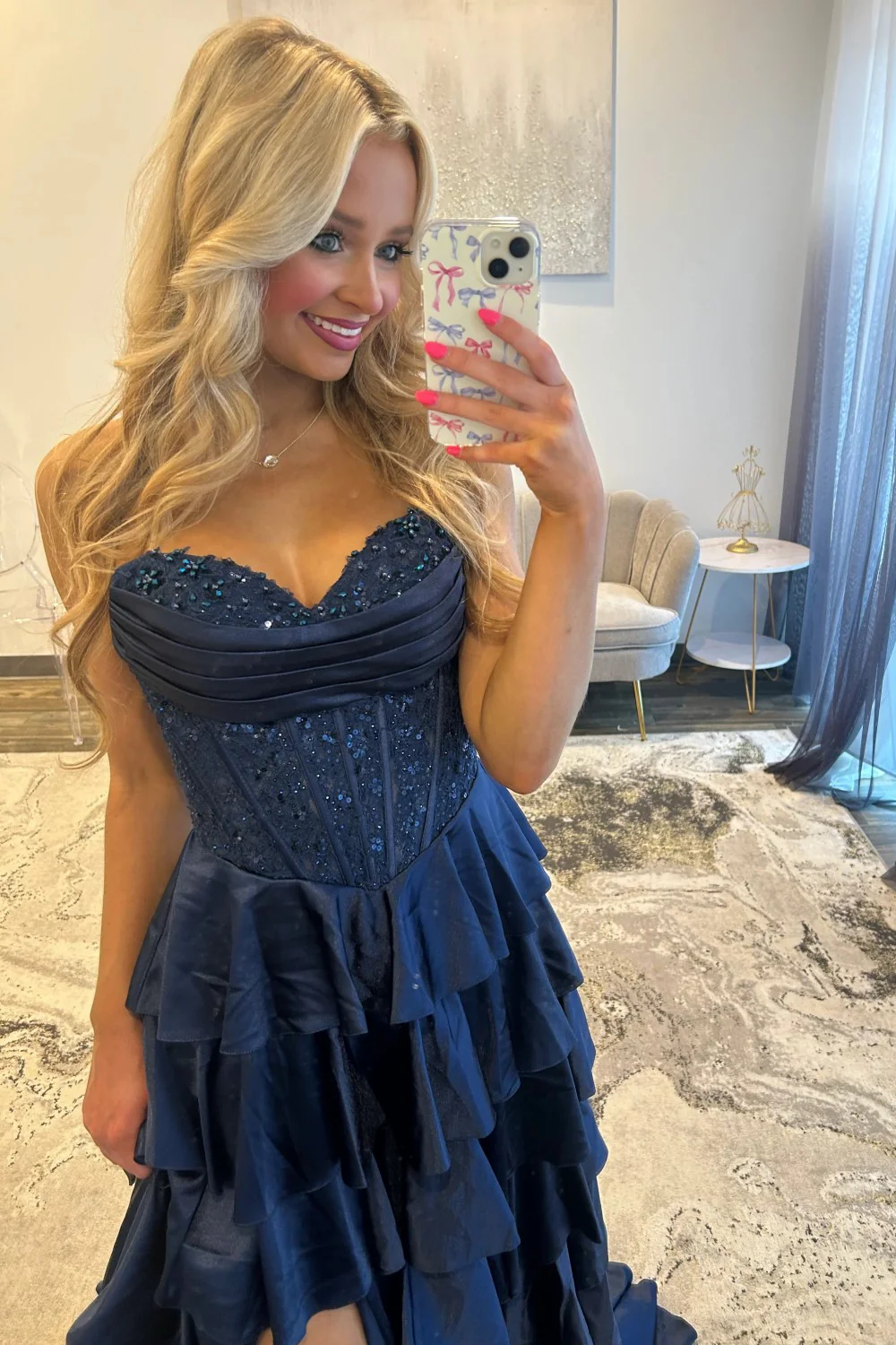 Classic Navy Blue A-Line Sweetheart Corset Prom Dress With Tiered Skirt - Image 2