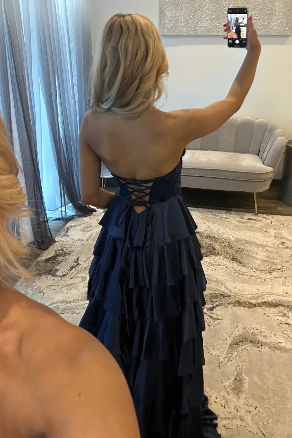 Classic Navy Blue A-Line Sweetheart Corset Prom Dress With Tiered Skirt - Image 3