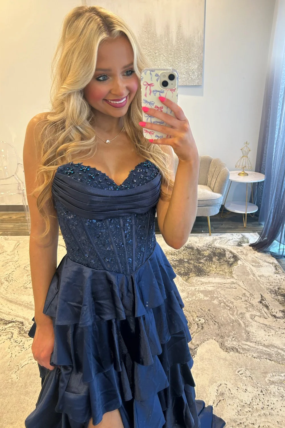 Classic Navy Blue A-Line Sweetheart Corset Prom Dress With Tiered Skirt - Image 5