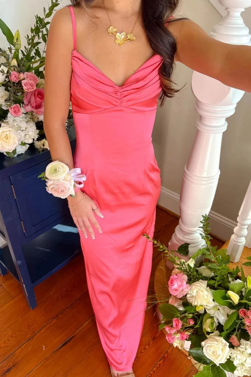 Classic Sheath Spaghetti Straps Candy Pink Long Prom Dress with Ruched - Image 2