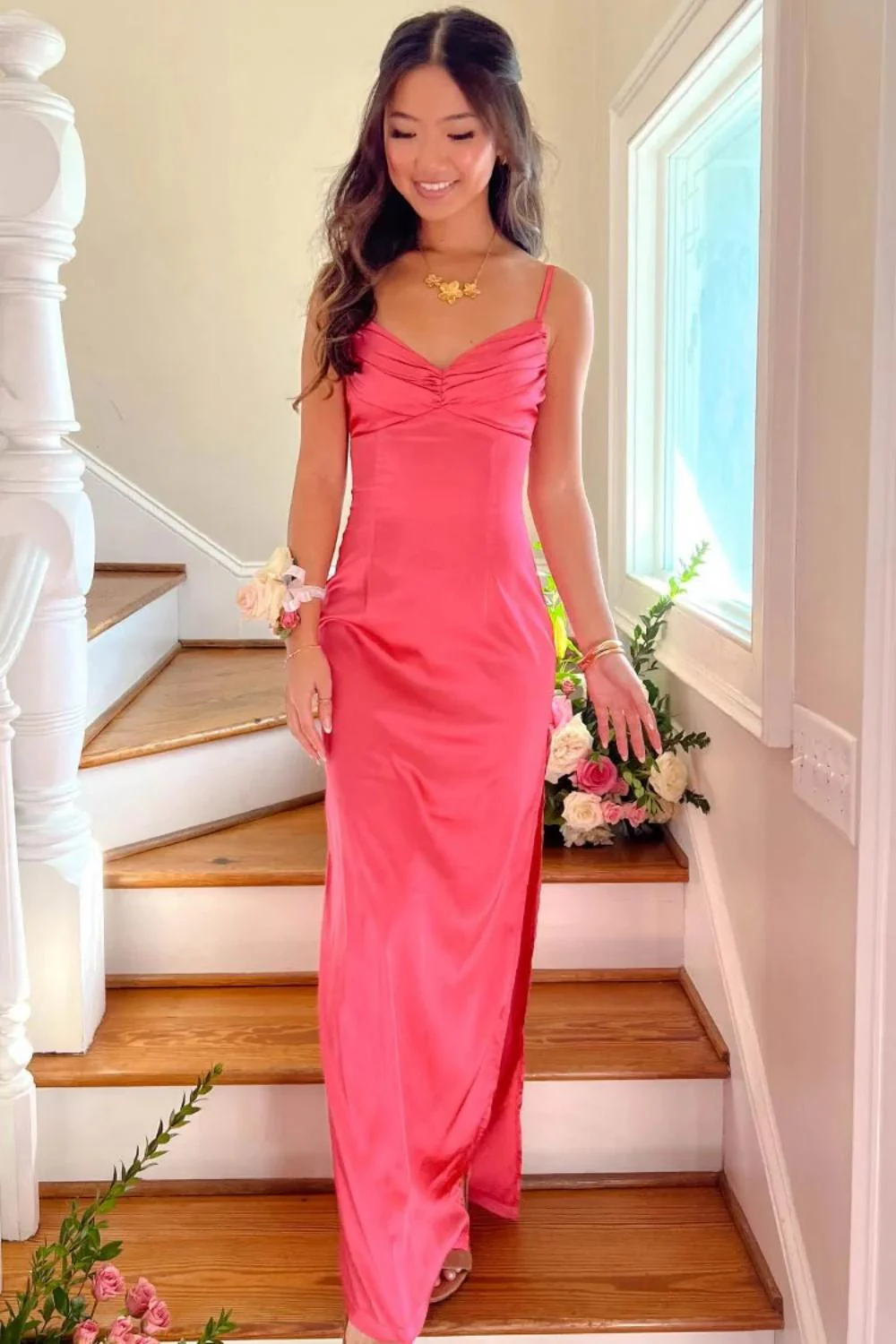 Classic Sheath Spaghetti Straps Candy Pink Long Prom Dress with Ruched - Image 3