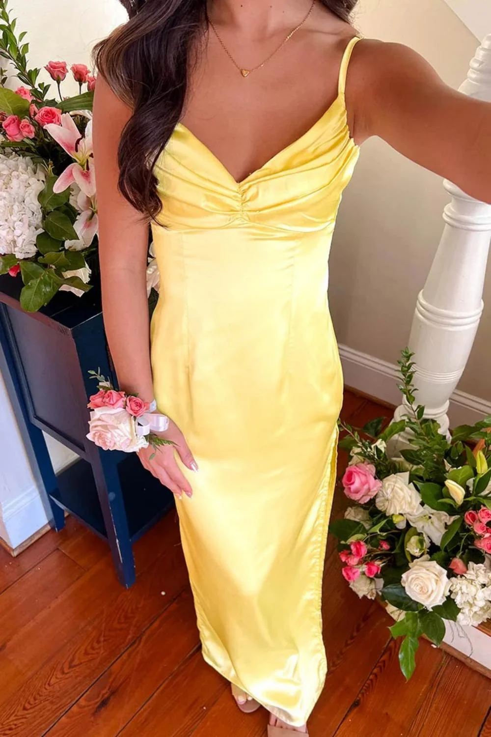 Classic Sheath Spaghetti Straps Candy Pink Long Prom Dress with Ruched - Image 5