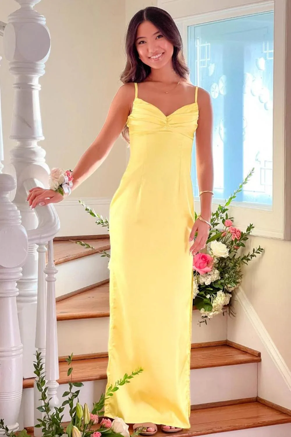 Classic Sheath Spaghetti Straps Candy Pink Long Prom Dress with Ruched - Image 6