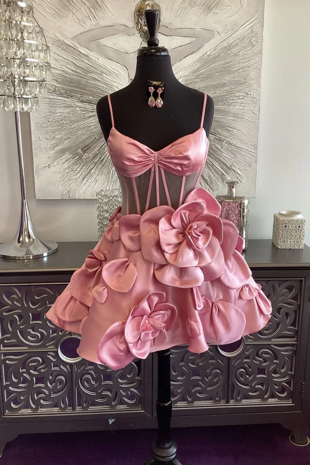 Cute A-Line Spaghetti Strap Short Satin Homecoming Dress with Floral Embellishments