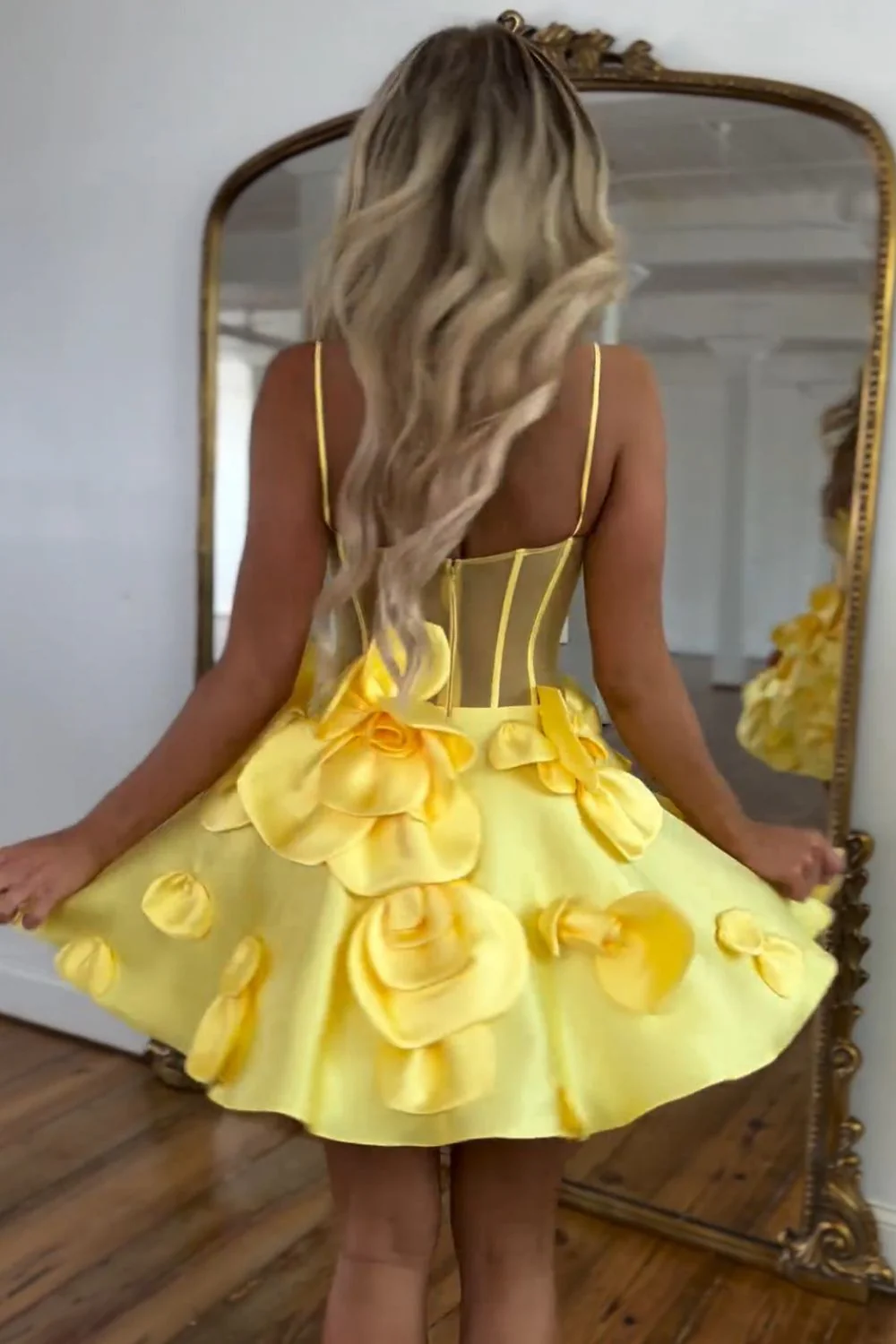 Cute A-Line Spaghetti Strap Short Satin Homecoming Dress with Floral Embellishments - Image 3