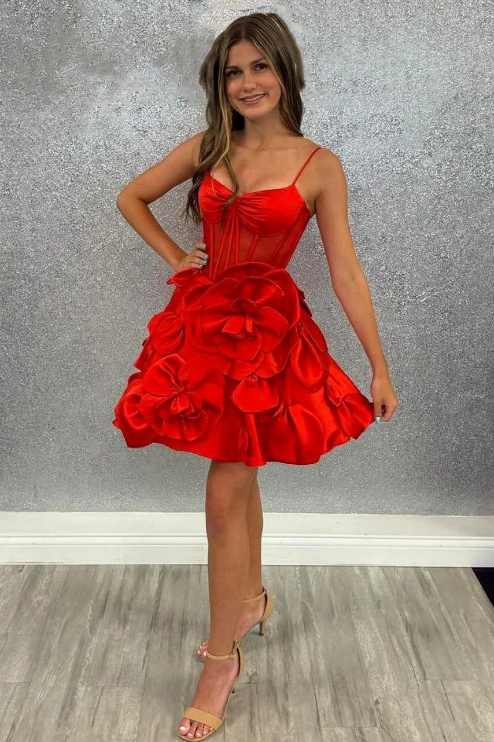 Cute A-Line Spaghetti Strap Short Satin Homecoming Dress with Floral Embellishments - Image 4