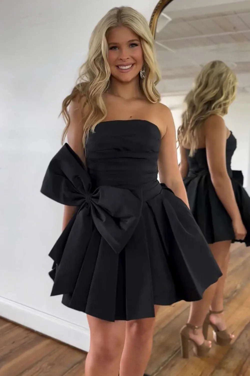 Cute A-Line Strapless Short Satin Dress with Bow Homecoming Dress - Image 2
