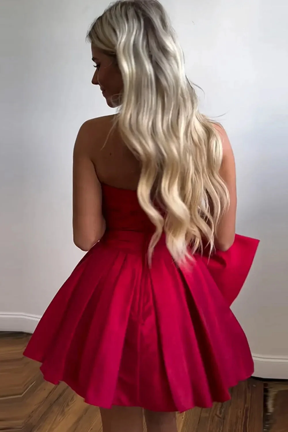 Cute A-Line Strapless Short Satin Dress with Bow Homecoming Dress - Image 5