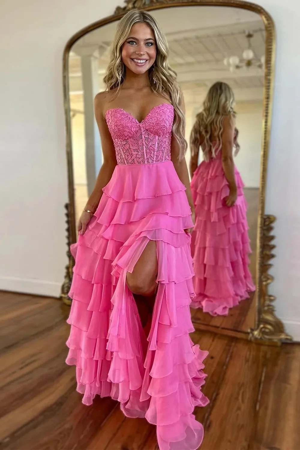 Cute Light Blue A-Line Sweetheart Lace Up Long Tiered Chiffon Prom Dress with Slit - Image 12