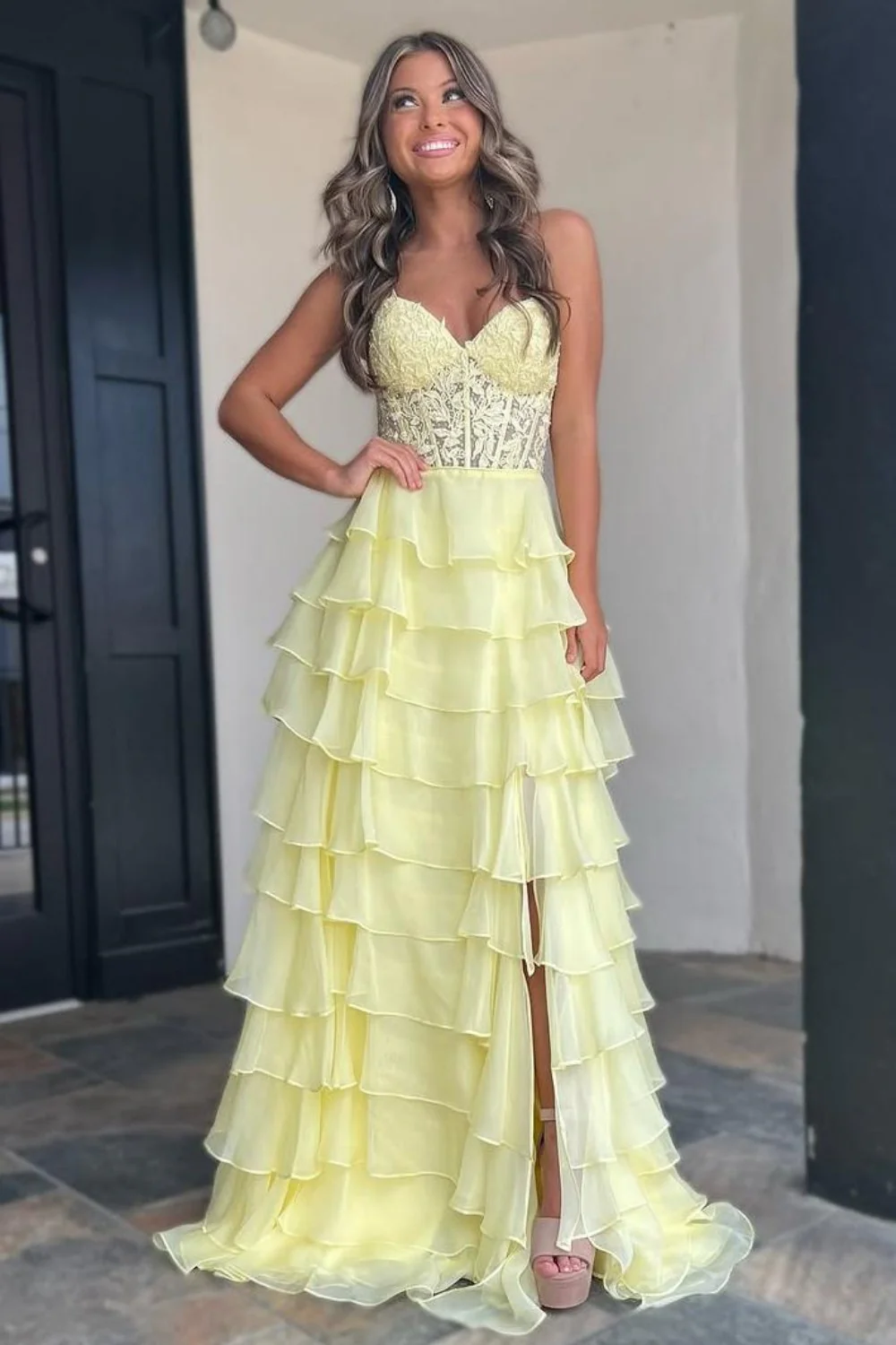 Cute Light Blue A-Line Sweetheart Lace Up Long Tiered Chiffon Prom Dress with Slit - Image 7