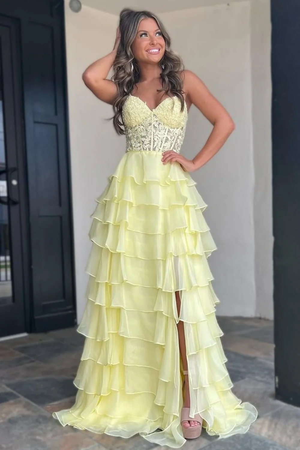 Cute Light Blue A-Line Sweetheart Lace Up Long Tiered Chiffon Prom Dress with Slit - Image 8