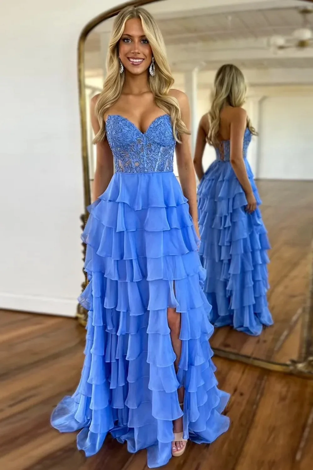 Cute Light Blue A-Line Sweetheart Lace Up Long Tiered Chiffon Prom Dress with Slit - Image 9