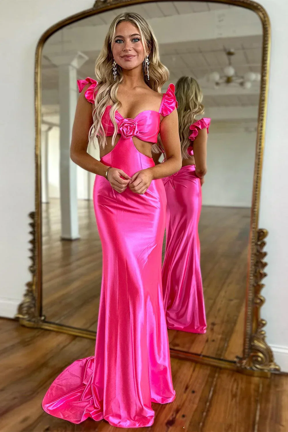 Cute Stylish Mermaid Satin Prom Dress with Waist Hollow Design Long Silhouette and Floral Accent - Image 4