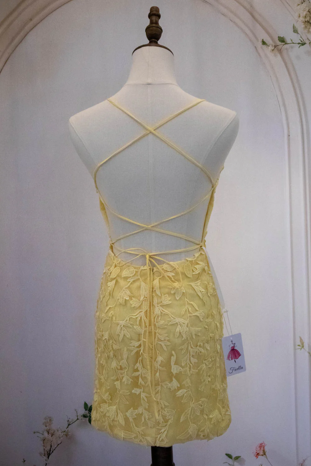 Cute Yellow Spaghetti Straps Short Tight Lace Homecoming Dress - Image 4