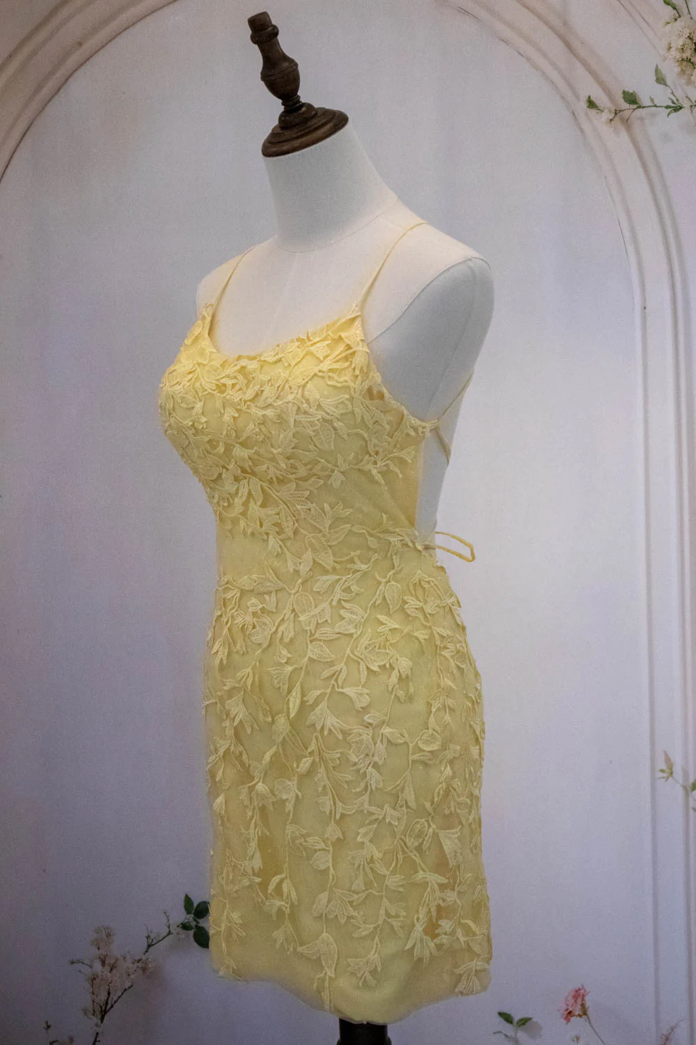 Cute Yellow Spaghetti Straps Short Tight Lace Homecoming Dress - Image 6