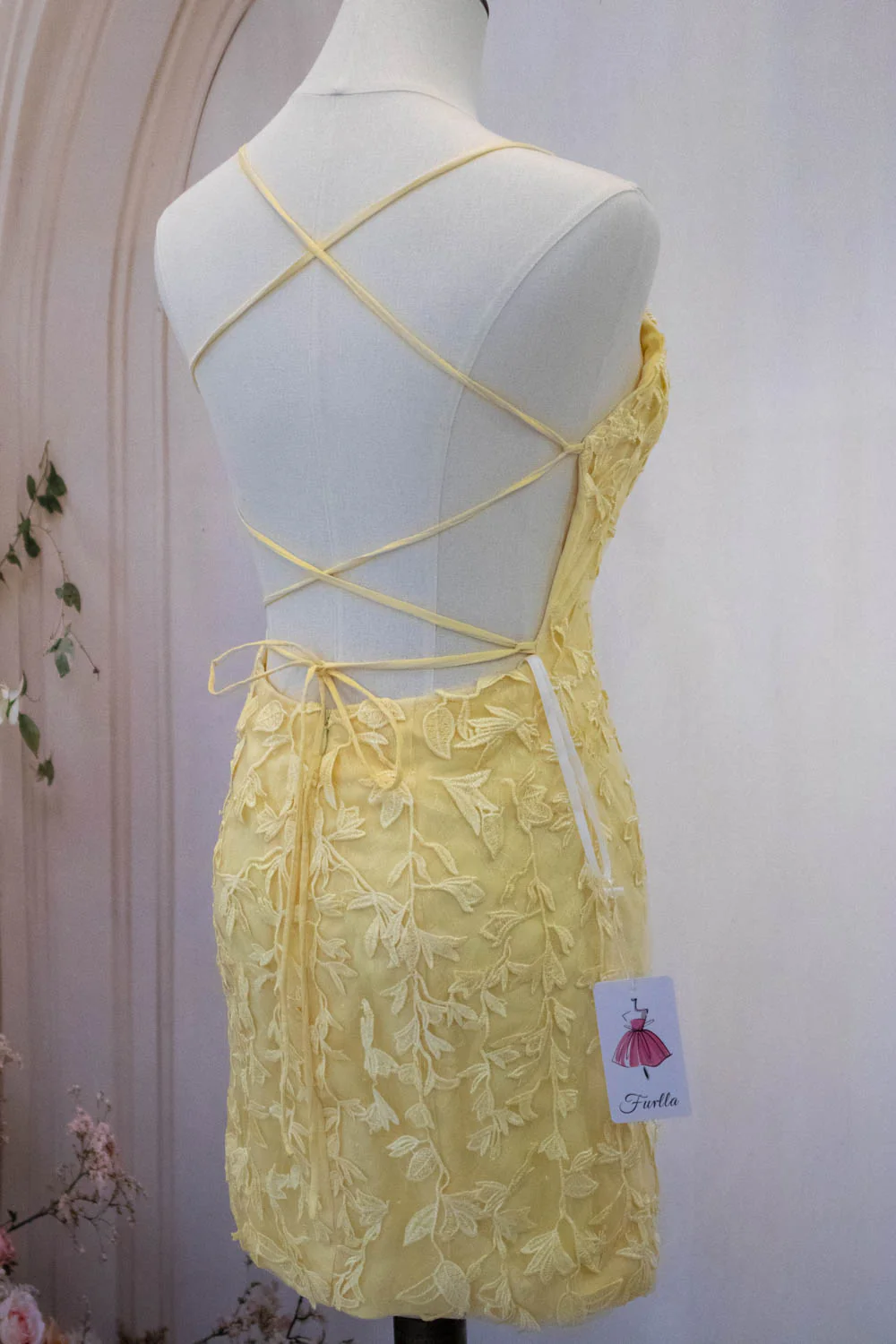 Cute Yellow Spaghetti Straps Short Tight Lace Homecoming Dress - Image 7